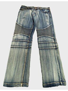 Mogul Biker Jeans Men's 42 34 Blue Denim Stretch Pockets Distressed Straight Leg